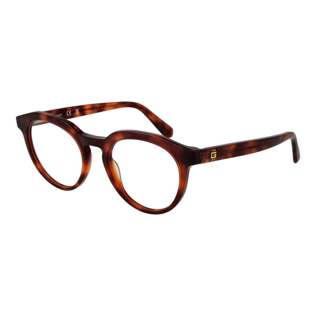 Unisex brown tortoiseshell round eyeglasses full-rim plastic frame with gold logo on temple
