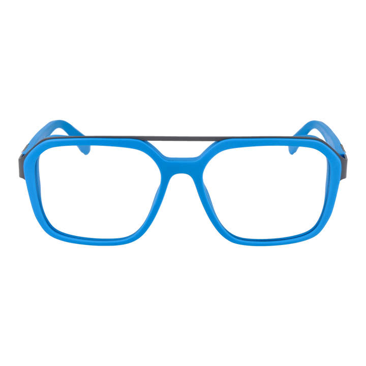 Unisex blue and black plastic square eyeglasses with double bridge and logo-detail temples on neutral background.