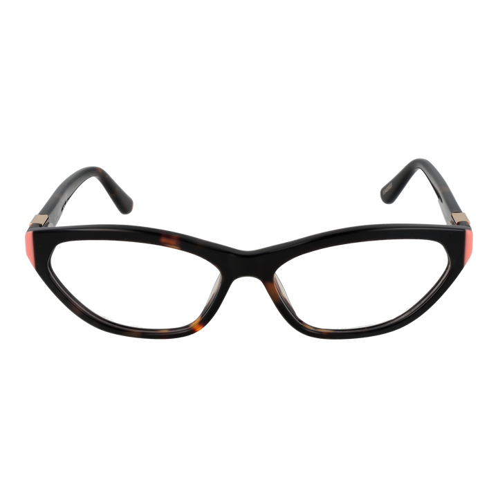 Tortoise cat-eye eyeglasses in black and pink plastic with logo-detail temples, front three-quarter view