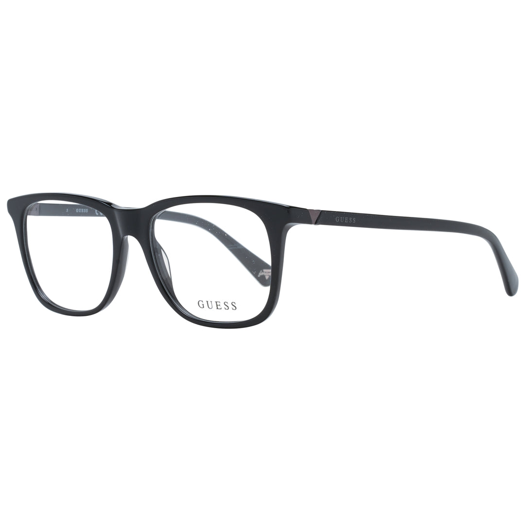 Black full-rim rectangular Unisex eyeglasses in plastic with logos on lens and temples on white background