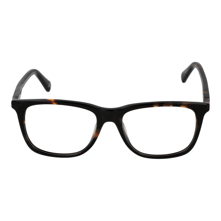 Unisex tortoise shell and black full-rim rectangular eyeglasses with metal hinge accents on neutral background
