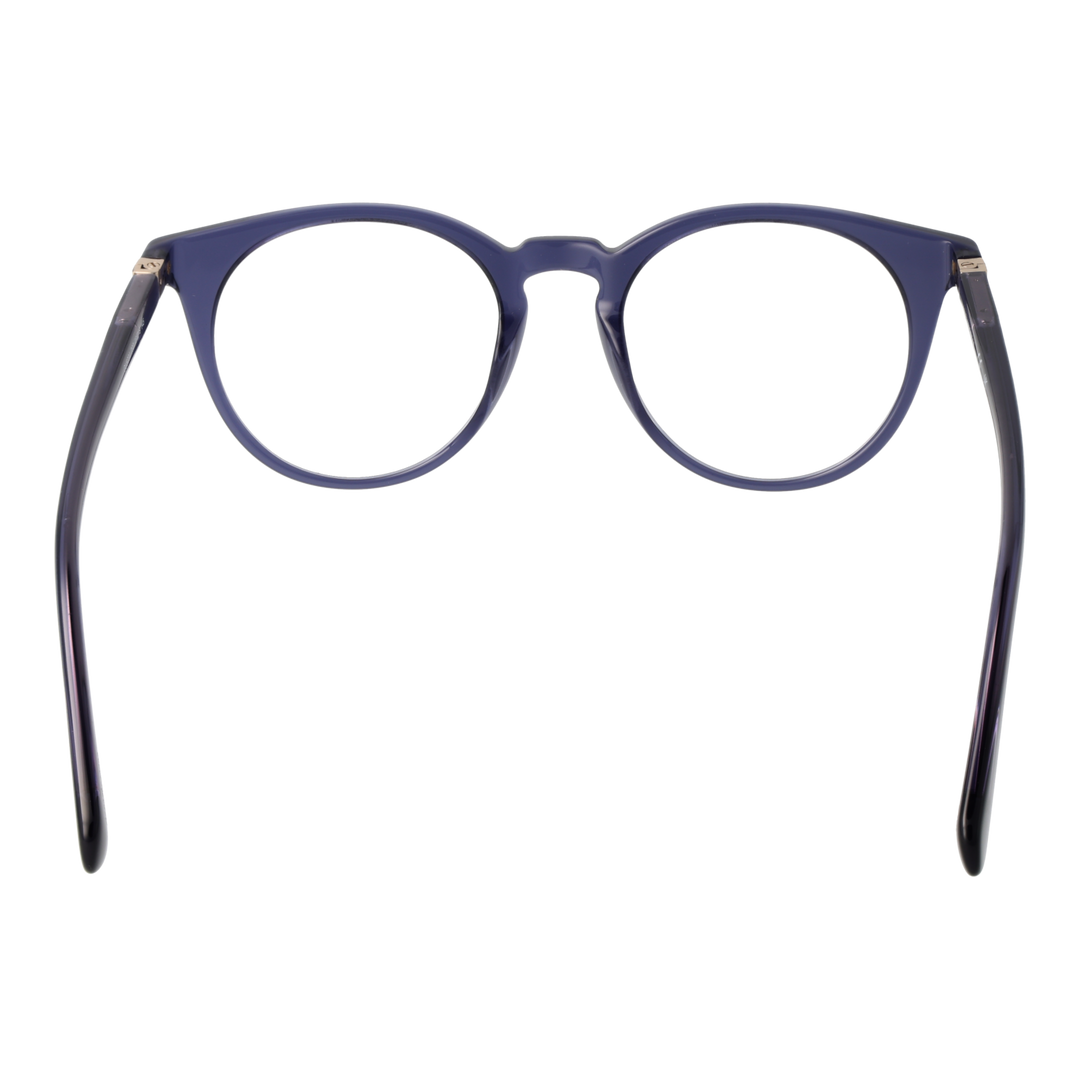 Transparent dark-blue round eyeglasses with metallic temple accents, plastic frame, modern Women’s optical style