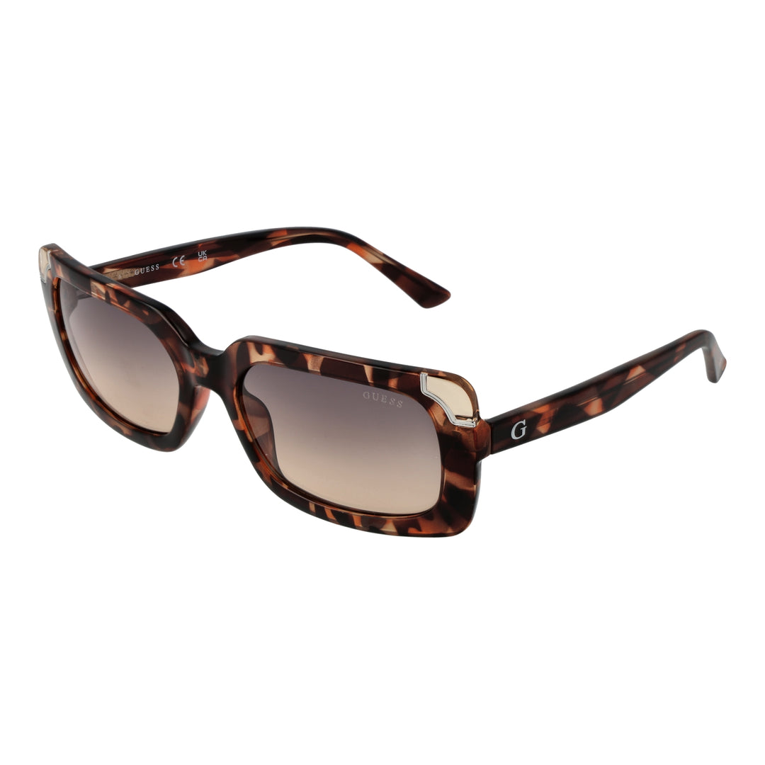 Tortoise brown rectangular sunglasses with gradient lenses and metallic corner accents, Guess logo on temple and lens