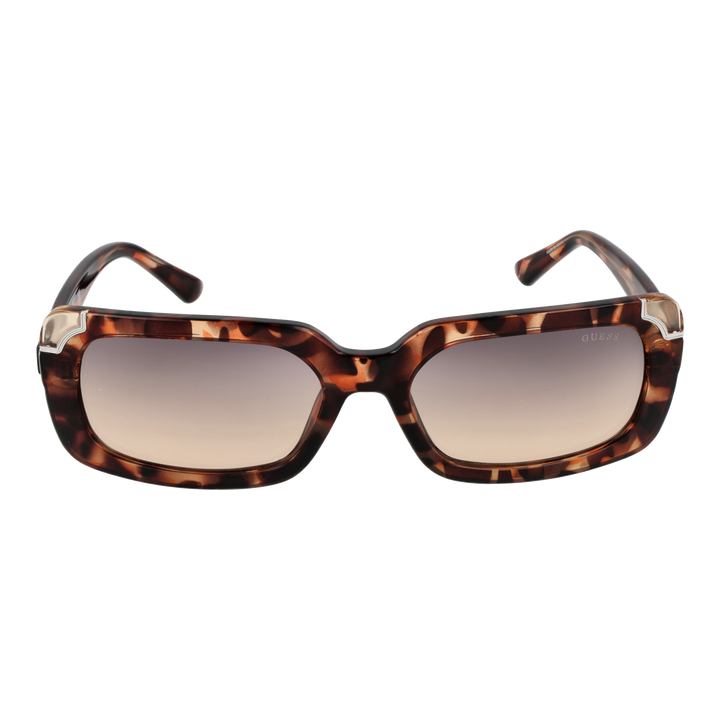 Tortoise brown rectangular sunglasses with gradient lenses and metallic corner accents, Guess logo on temple and lens