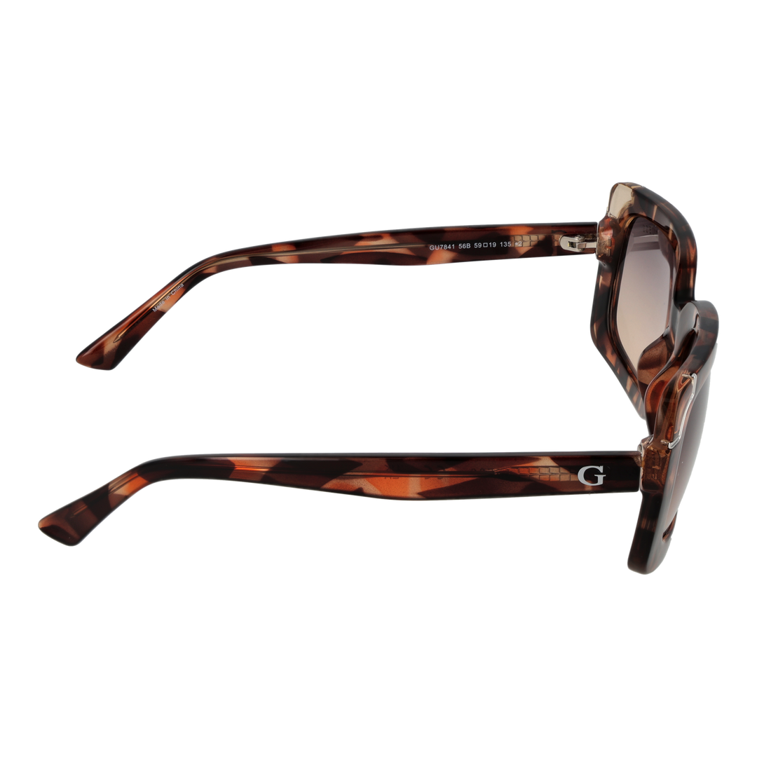 Tortoise brown rectangular sunglasses with gradient lenses and metallic corner accents, Guess logo on temple and lens
