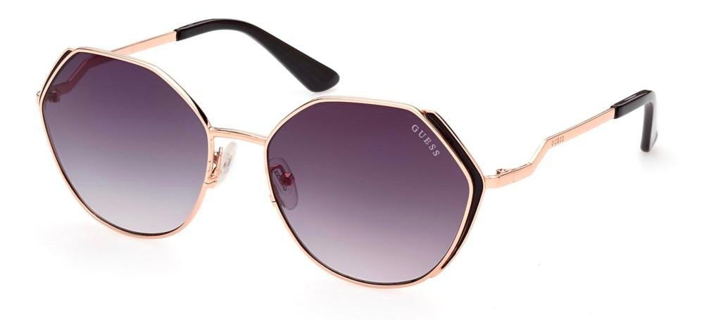 Rose gold octagonal sunglasses with purple-red gradient lenses, black temple tips, two cases and cleaning cloth