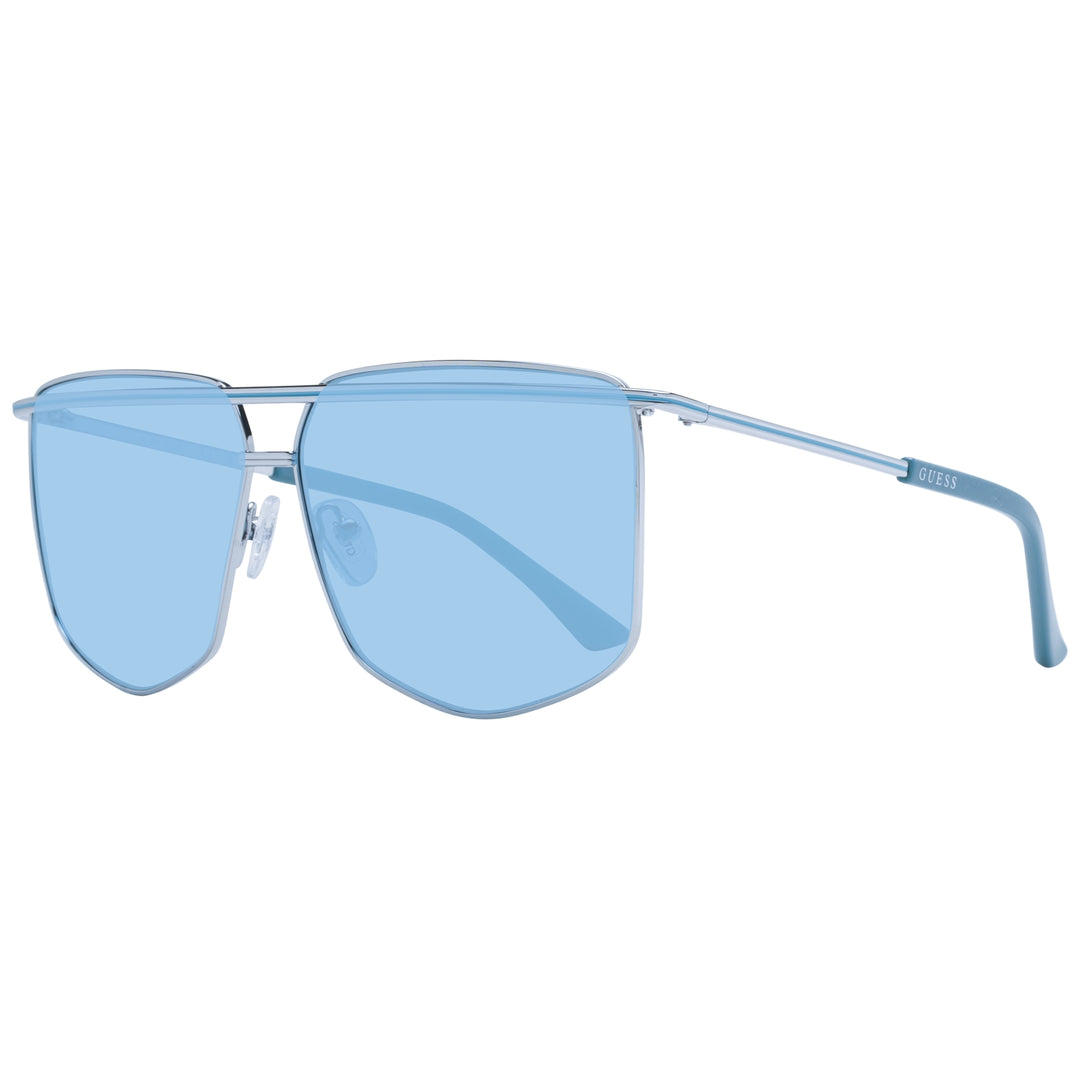 Light blue metal aviator sunglasses with square lenses, double bridge and adjustable nose pads on white background