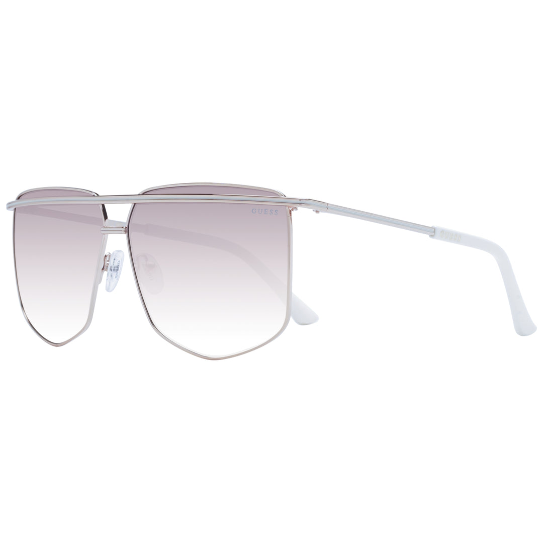 Silver metal aviator sunglasses with gradient purple lenses and white temple tips on neutral background