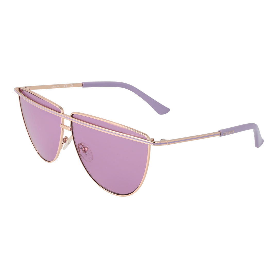 Purple and gold metal aviator sunglasses with double bridge and gradient lenses on white background