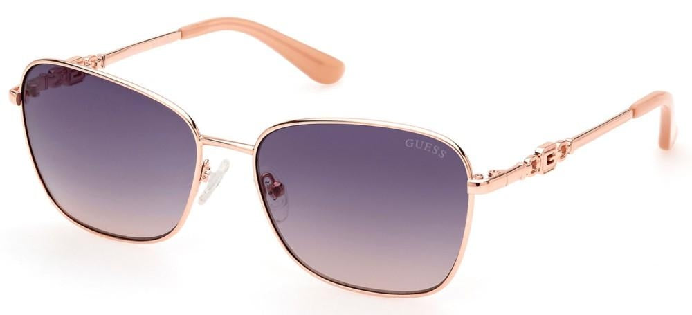 Rose-gold square sunglasses with purple gradient lenses and peach temple tips, metal frame and decorative G on temples