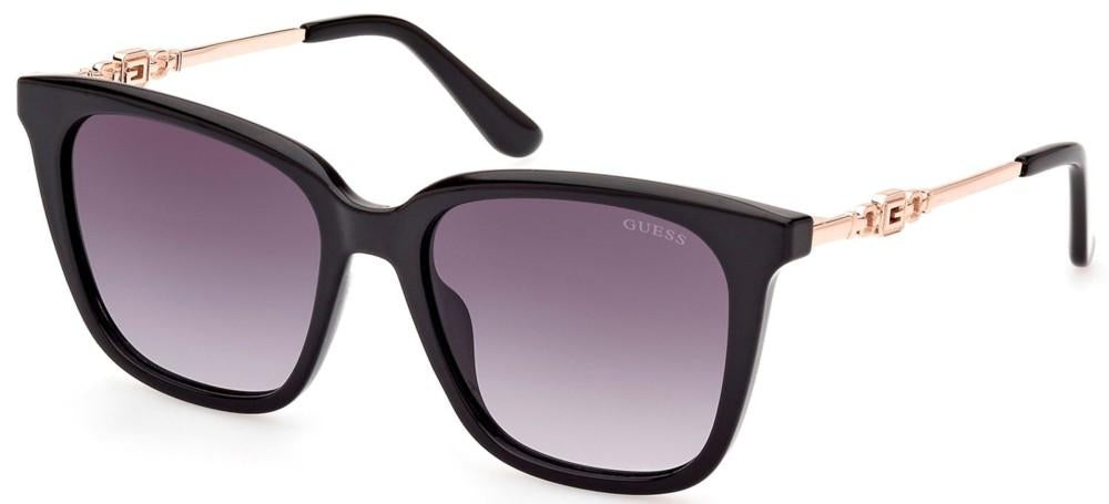 Black square sunglasses for Women with gradient lenses and rose-gold metallic arms, decorative detail visible