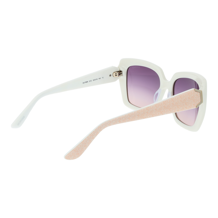 White plastic oversized sunglasses with pink-to-purple gradient square lenses and patterned temples with metal detail