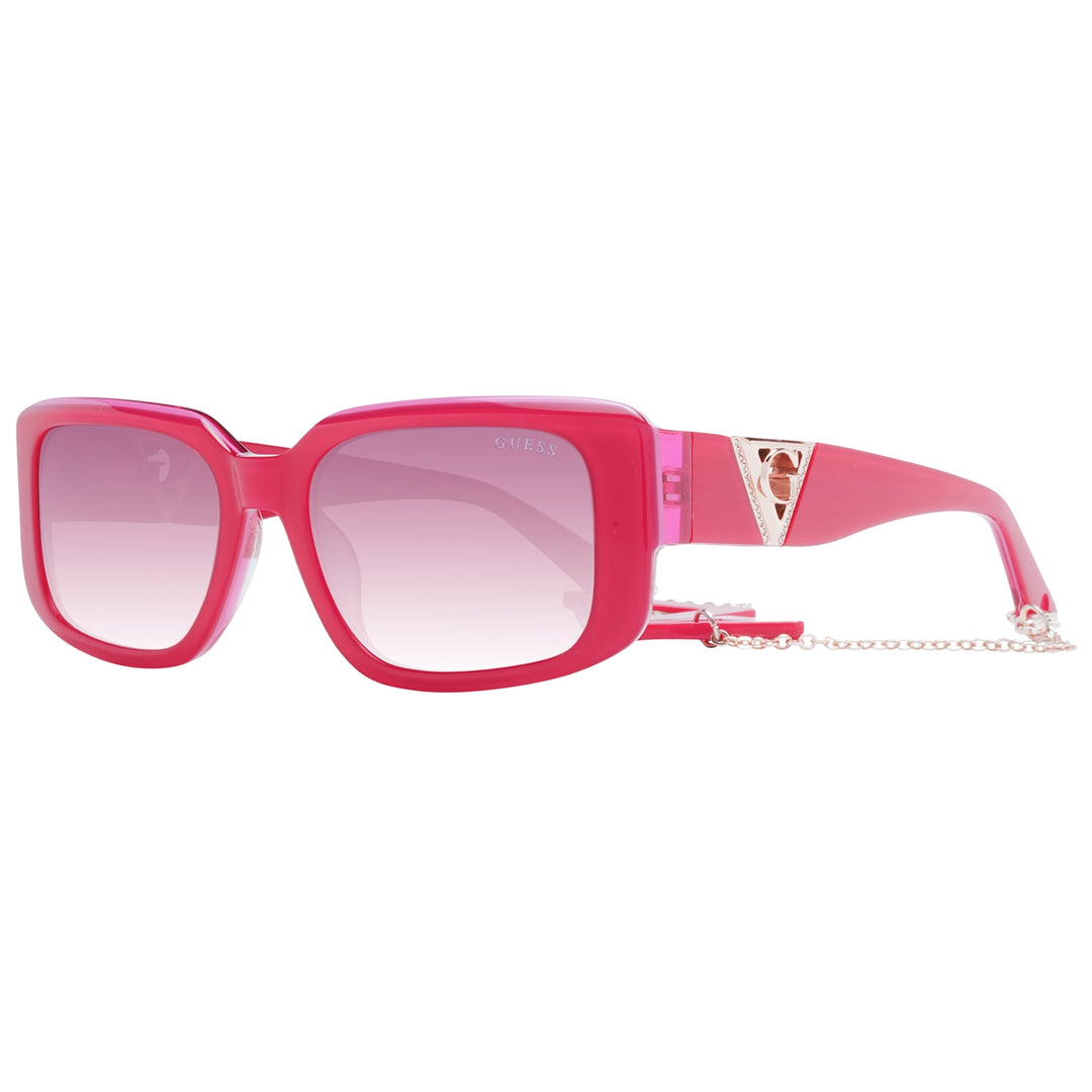 Pink square sunglasses with gradient lenses, chain on temples and logo emblem, plastic frame
