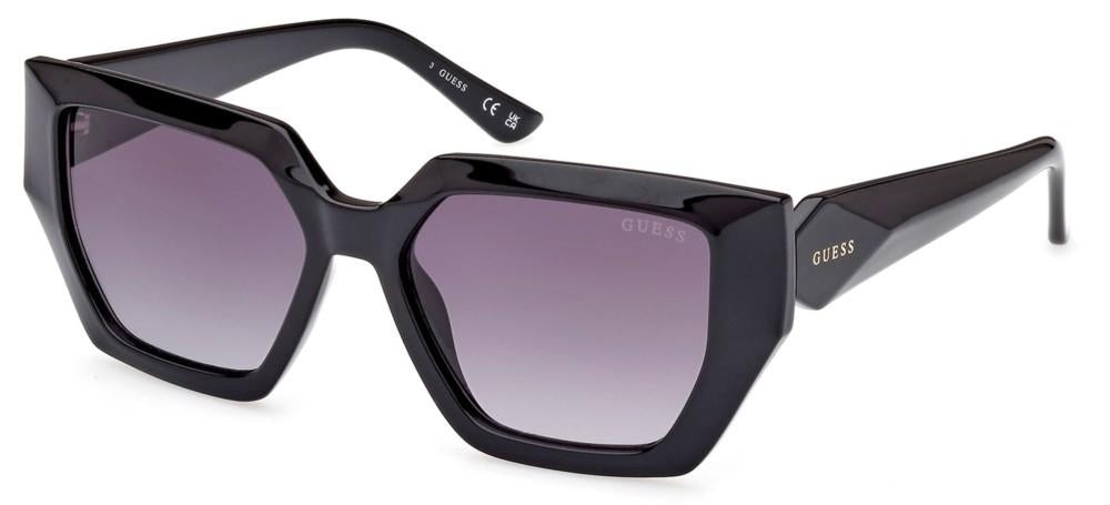 Black geometric oversized sunglasses with thick angular frame and gradient purple lenses, brand logo on lens and temples