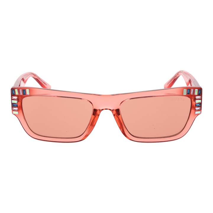 Translucent pink rectangular Guess sunglasses with decorative stones on corners and UV400 lenses on white background