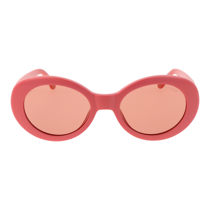 Pink retro oval sunglasses with decorative stones on temples and glossy plastic frame, angled view