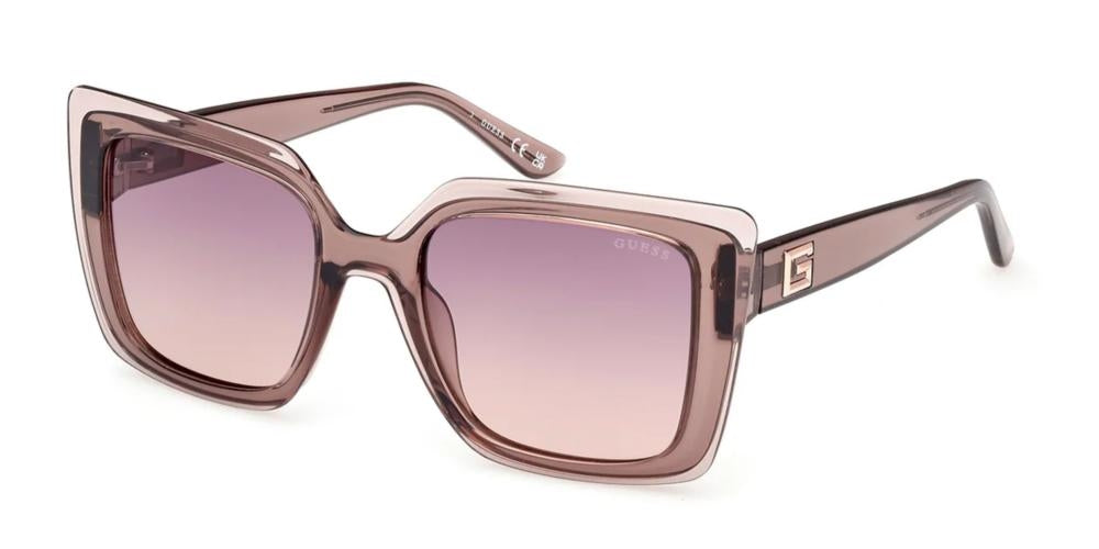Guess oversized square sunglasses pinkish-brown frame with purple gradient lenses and logo temples