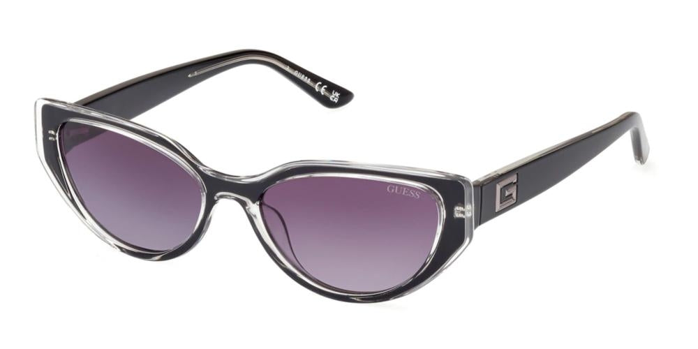 Black and clear cat-eye sunglasses with purple gradient lenses and logo temples, fashionable retro style for Women