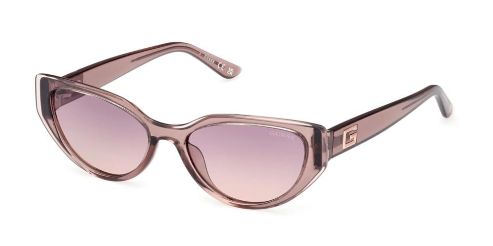 Pinkish purple cat-eye sunglasses in plastic frame with gradient lenses and logo temples