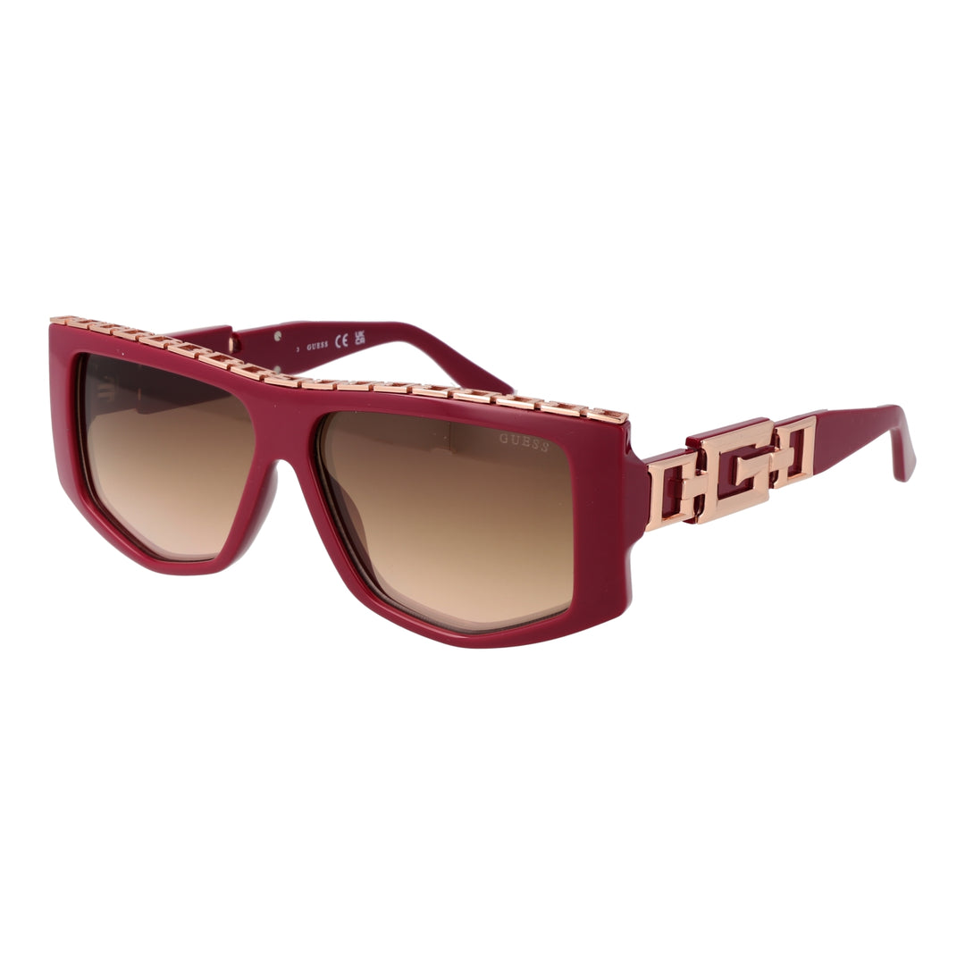 Burgundy rectangular sunglasses with gradient lenses and rose gold chain-like detail on temples