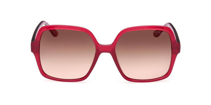 Red and black square sunglasses with gradient lenses and patterned inner arms, logo on temples