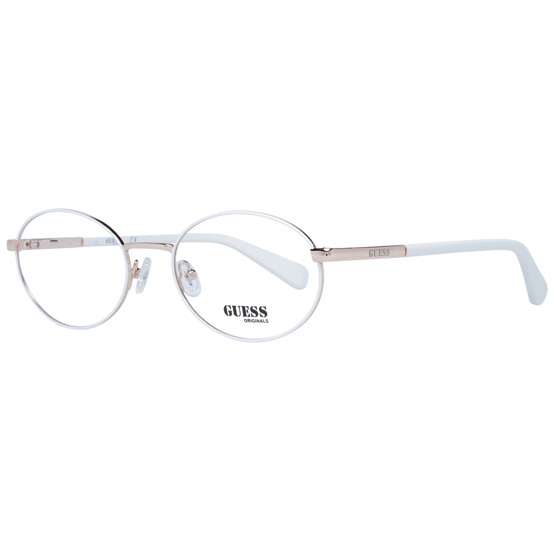 White and rose-gold oval eyeglasses on white background, thin metal frame and nose pads, minimalist design