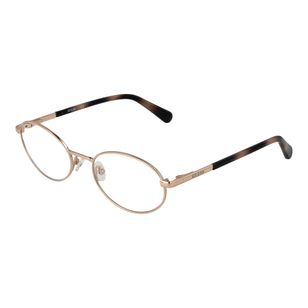 Unisex rose gold thin metal oval eyeglasses with black-brown gradient temple tips, adjustable nose pads