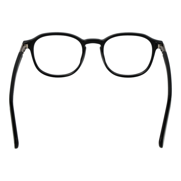 Unisex black round eyeglasses with plastic frame and metal-accent temples on white background