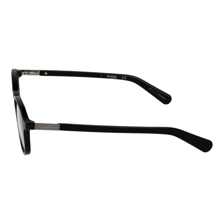 Unisex black round eyeglasses with plastic frame and metal-accent temples on white background