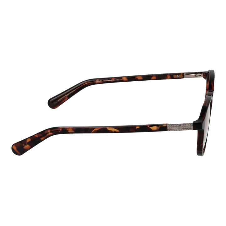 Unisex tortoise shell round eyeglasses in brown-black pattern with metal hinge details on temple