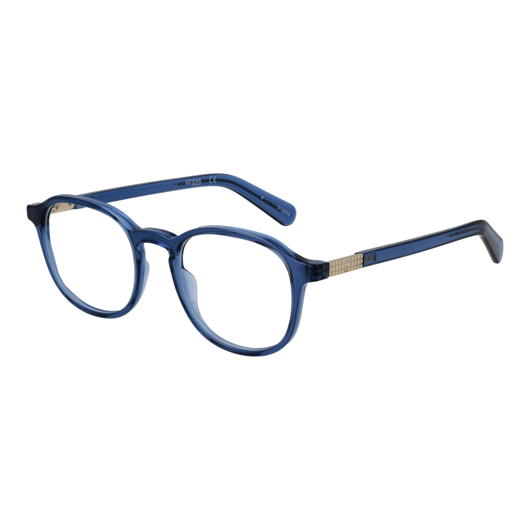 Unisex blue round plastic eyeglasses with gold decorative hinge detail, clear lenses, modern profile