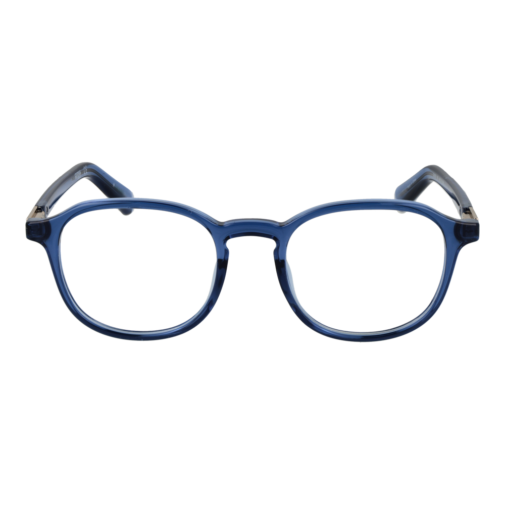 Unisex blue round plastic eyeglasses with gold decorative hinge detail, clear lenses, modern profile
