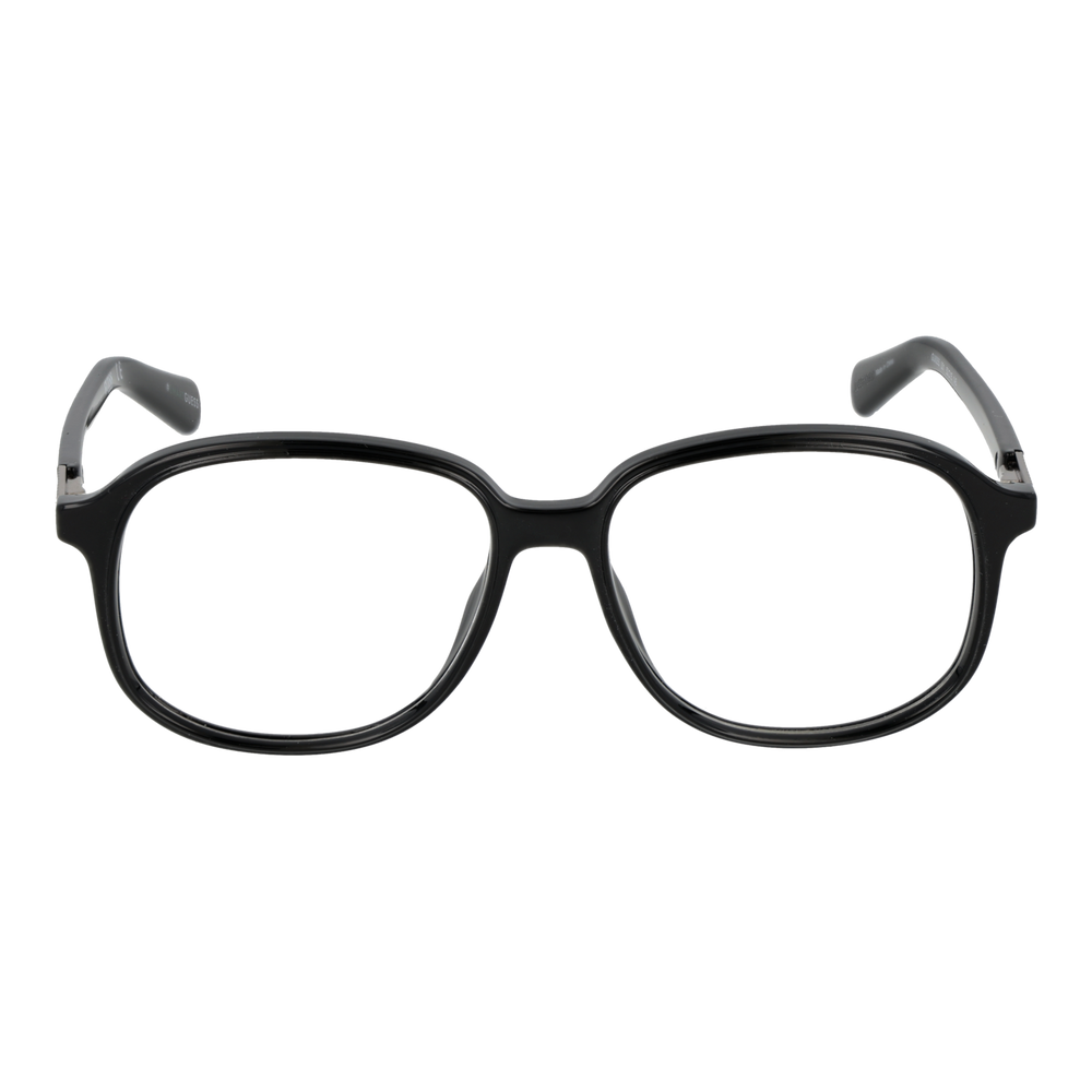 Black plastic rectangular eyeglasses with metallic hinge detail on temple, front view on white background