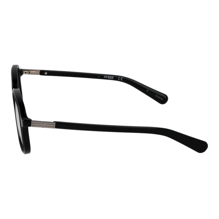 Black plastic rectangular eyeglasses with metallic hinge detail on temple, front view on white background