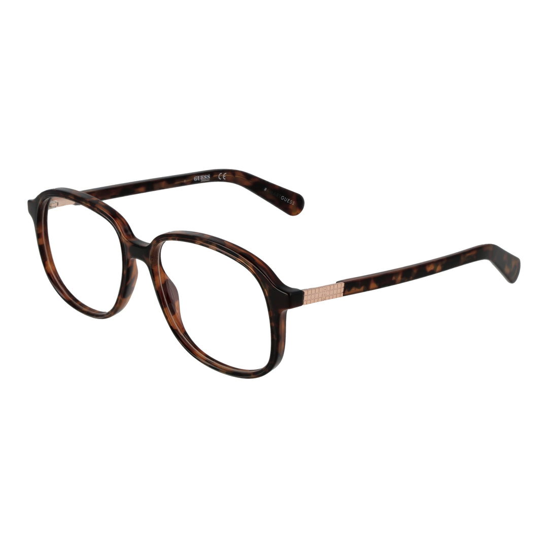 Unisex tortoise brown round eyeglasses with patterned temples and metallic accents, plastic frame frontal view