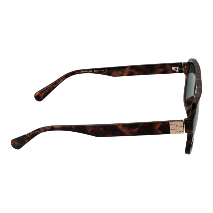 Unisex tortoiseshell square sunglasses with double bridge, gold temple accents and green lenses