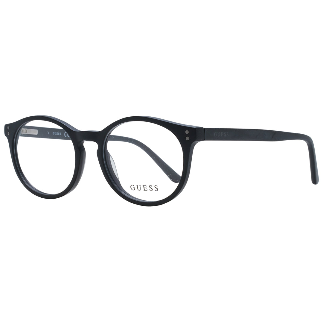 Unisex black round plastic eyeglasses with subtle metal dot accents near the hinges, front three-quarter view