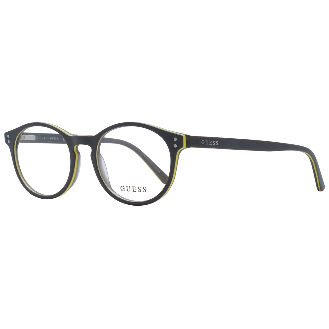 Unisex black round plastic eyeglasses with yellow accents and two silver rivets on each side of frame