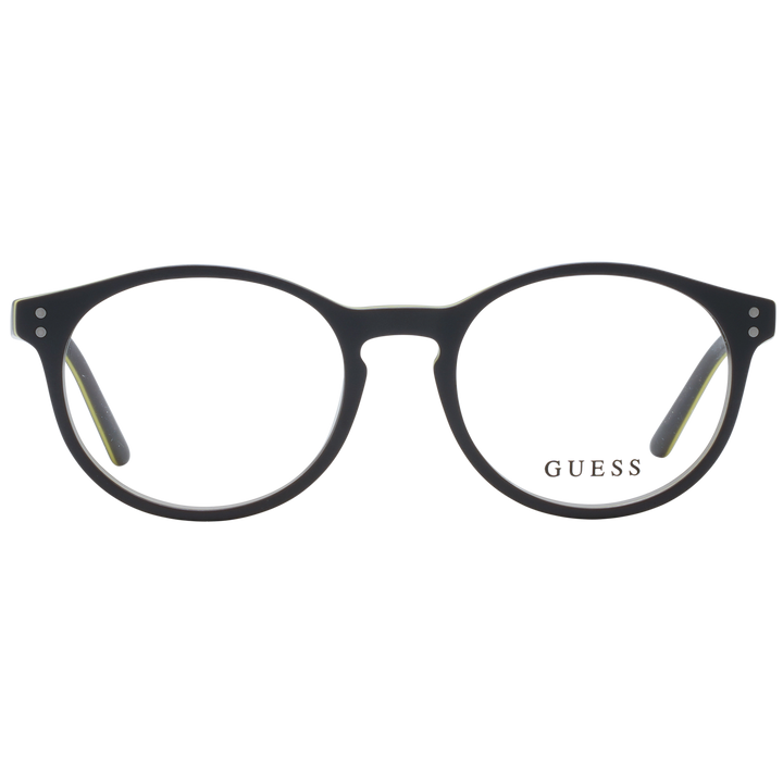 Unisex black round plastic eyeglasses with yellow accents and two silver rivets on each side of frame