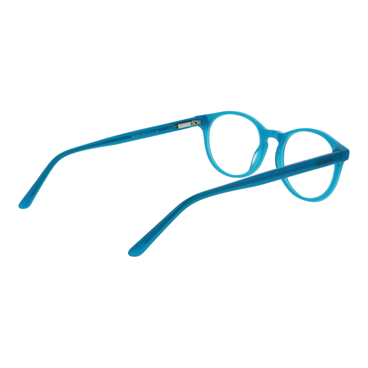 Unisex blue plastic round eyeglasses with small metal rivets near the hinges on a neutral background