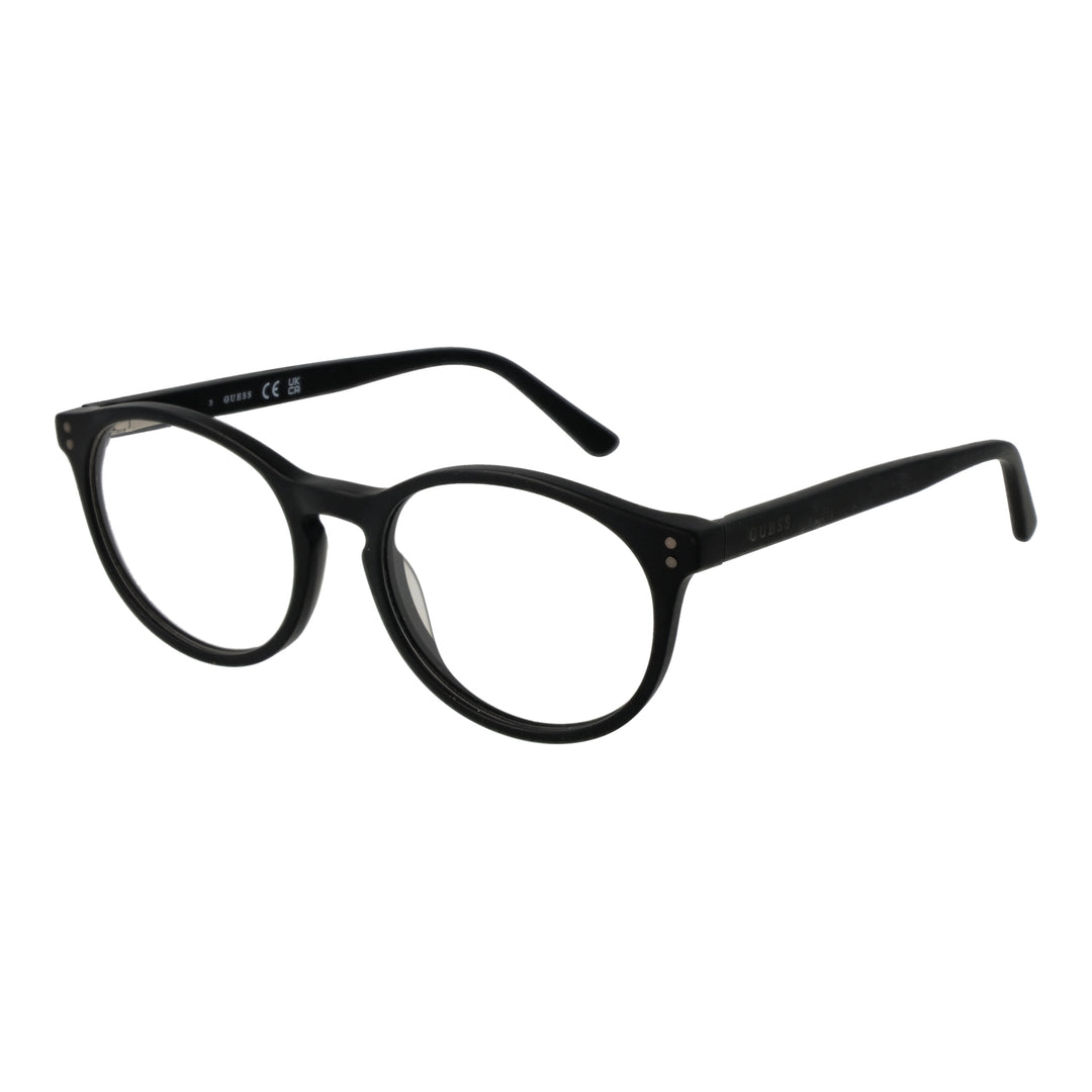 Unisex black plastic round eyeglasses with full rim and small metal dots at hinges on plain background