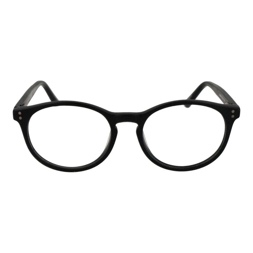 Unisex black plastic round eyeglasses with full rim and small metal dots at hinges on plain background