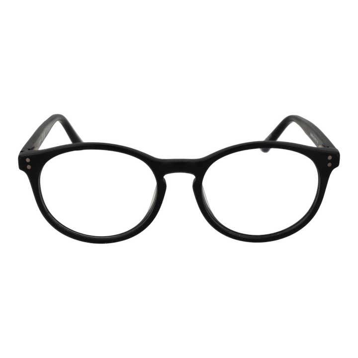 Unisex black plastic round eyeglasses with full rim and small metal dots at hinges on plain background