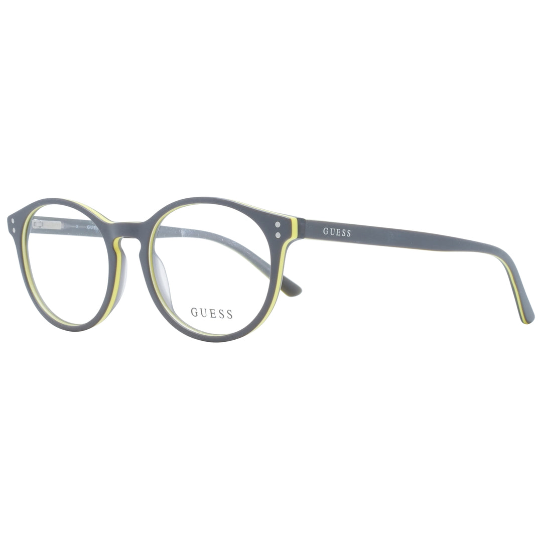 Unisex black round eyeglasses with yellow accents and silver hinge dots, plastic frame, retro style