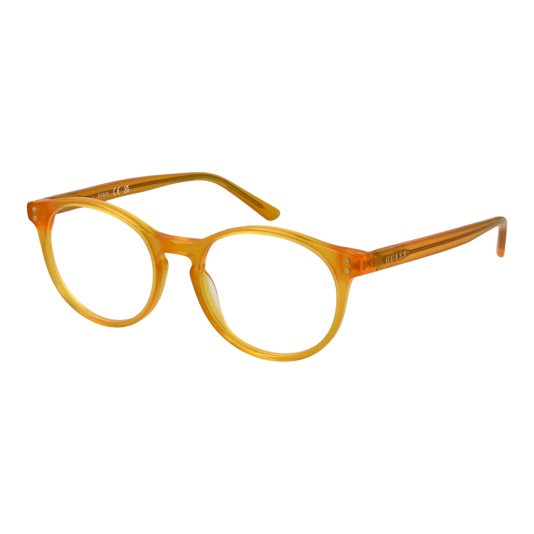 Transparent orange round plastic eyeglasses, two small metal rivets near each hinge, Unisex retro style