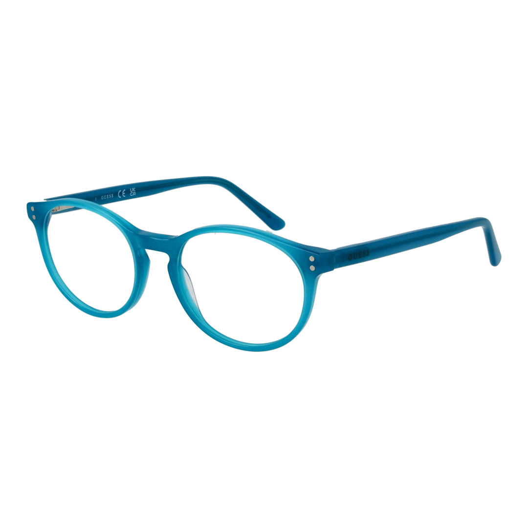 Unisex blue round plastic eyeglasses with two silver hinge dots, clear lenses, classic silhouette