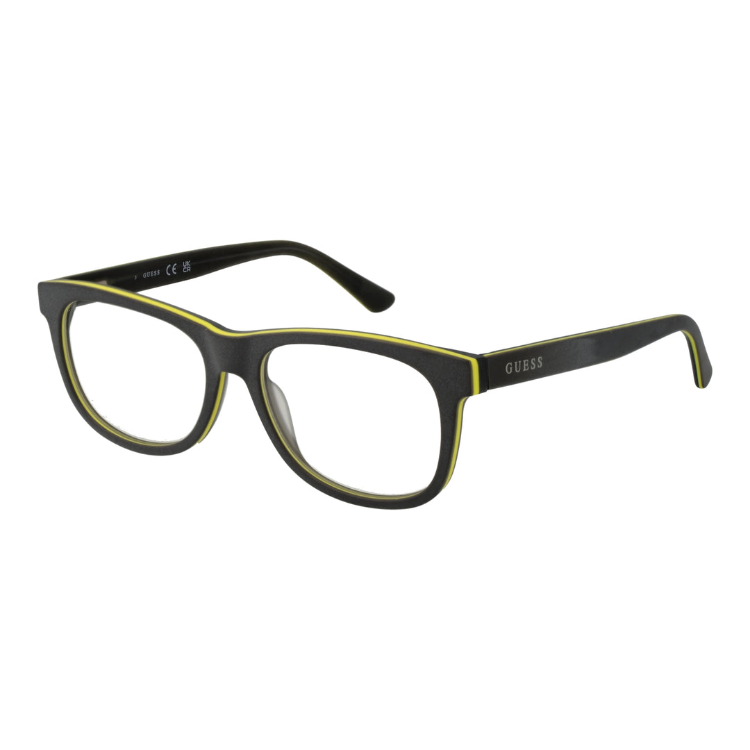 Black full-rim rectangular eyeglasses with yellow temple accents and branded logo, Unisex modern plastic frame