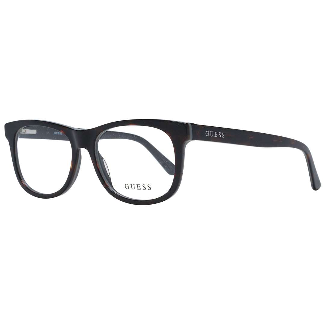 Guess Unisex dark tortoiseshell full-rim rectangular eyeglasses shown front and three-quarter angle highlighting branded temples