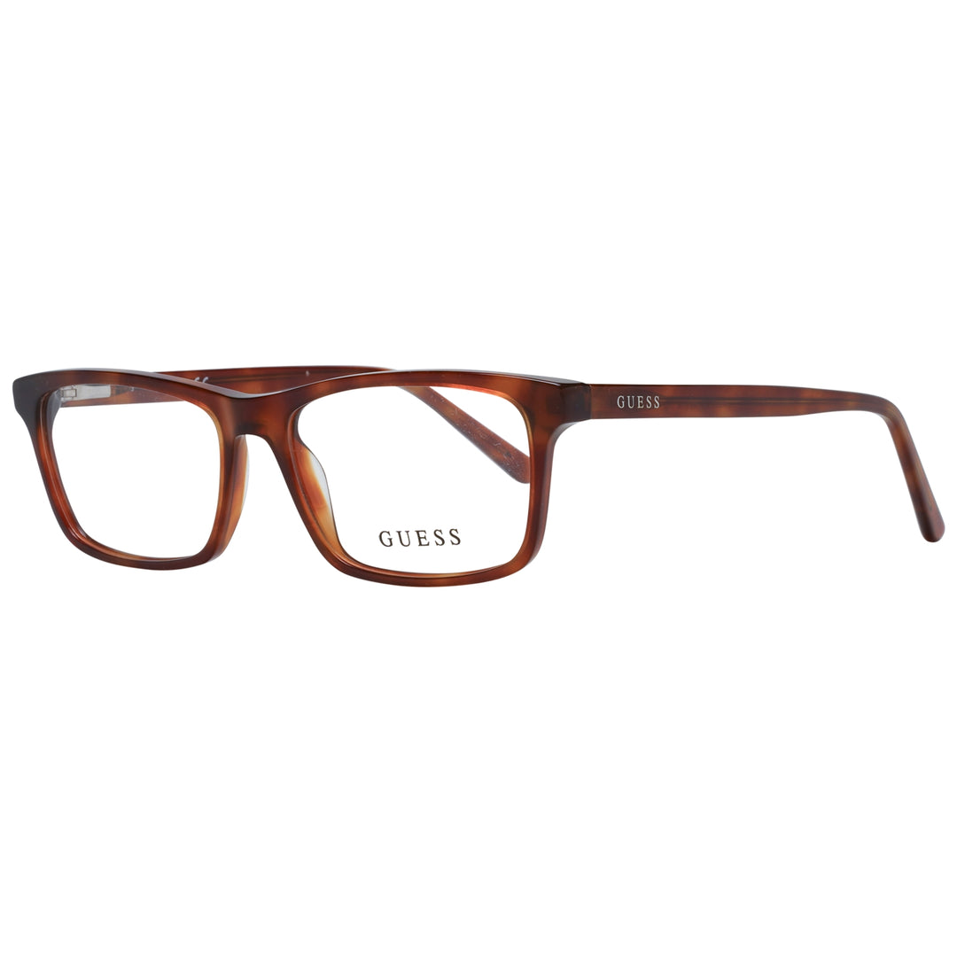 Unisex brown tortoiseshell full-rim rectangular eyeglasses in plastic with transparent lenses on neutral background
