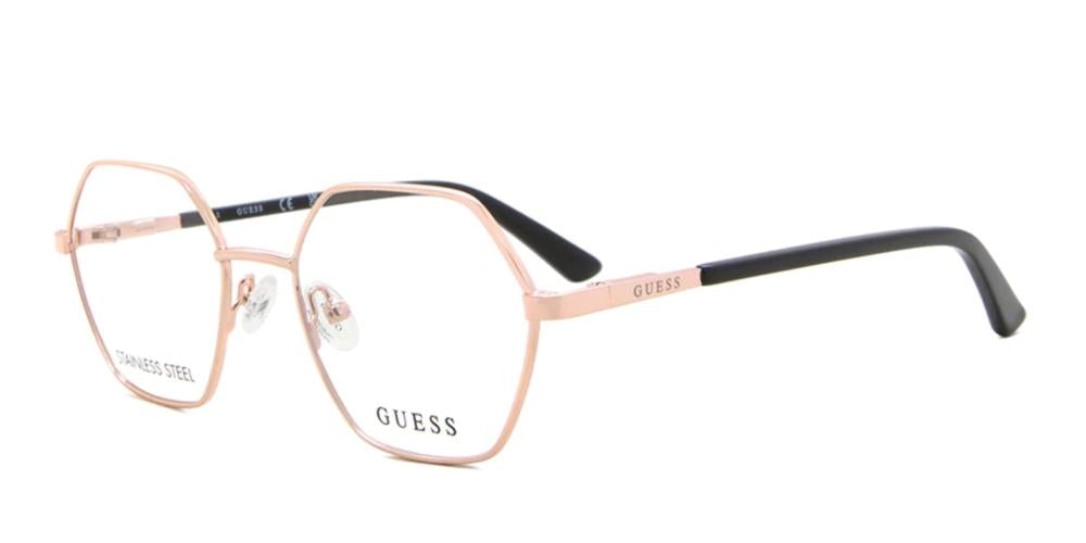 Rose gold hexagonal full-rim eyeglasses in stainless steel with black temple tips on neutral background